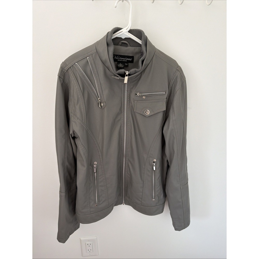 Victorious Motorcycle Jacket Men Large Gray Excellent Faux Leather Biker Zip